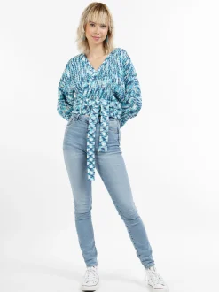 MyMo Damen Wickeljacke aus Strick in mehrfarbig
