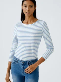 Oui Damen Langarmshirt in weiß blau - Ärmel: langarm