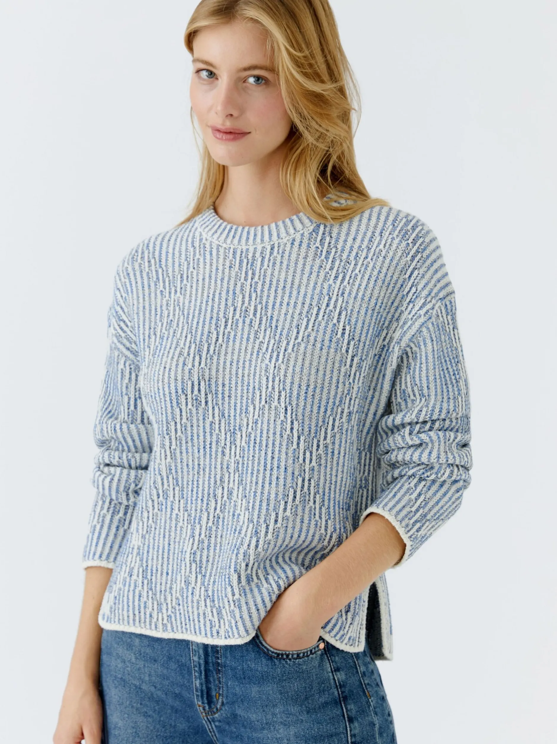 Oui Damen Pullover in hellblau weiß - Ärmel: langarm