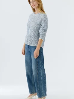 Oui Damen Pullover in hellblau weiß - Ärmel: langarm