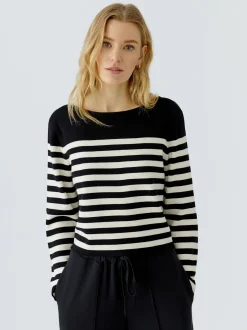 Oui Damen Pullover in schwarz weiß - Ausschnitt: U-Boot
