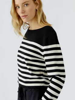 Oui Damen Pullover in schwarz weiß - Ausschnitt: U-Boot