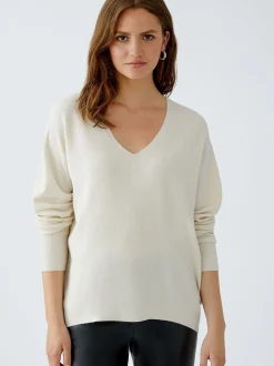 Oui Damen Pullover in weiß - Ausschnitt: V-Ausschnitt