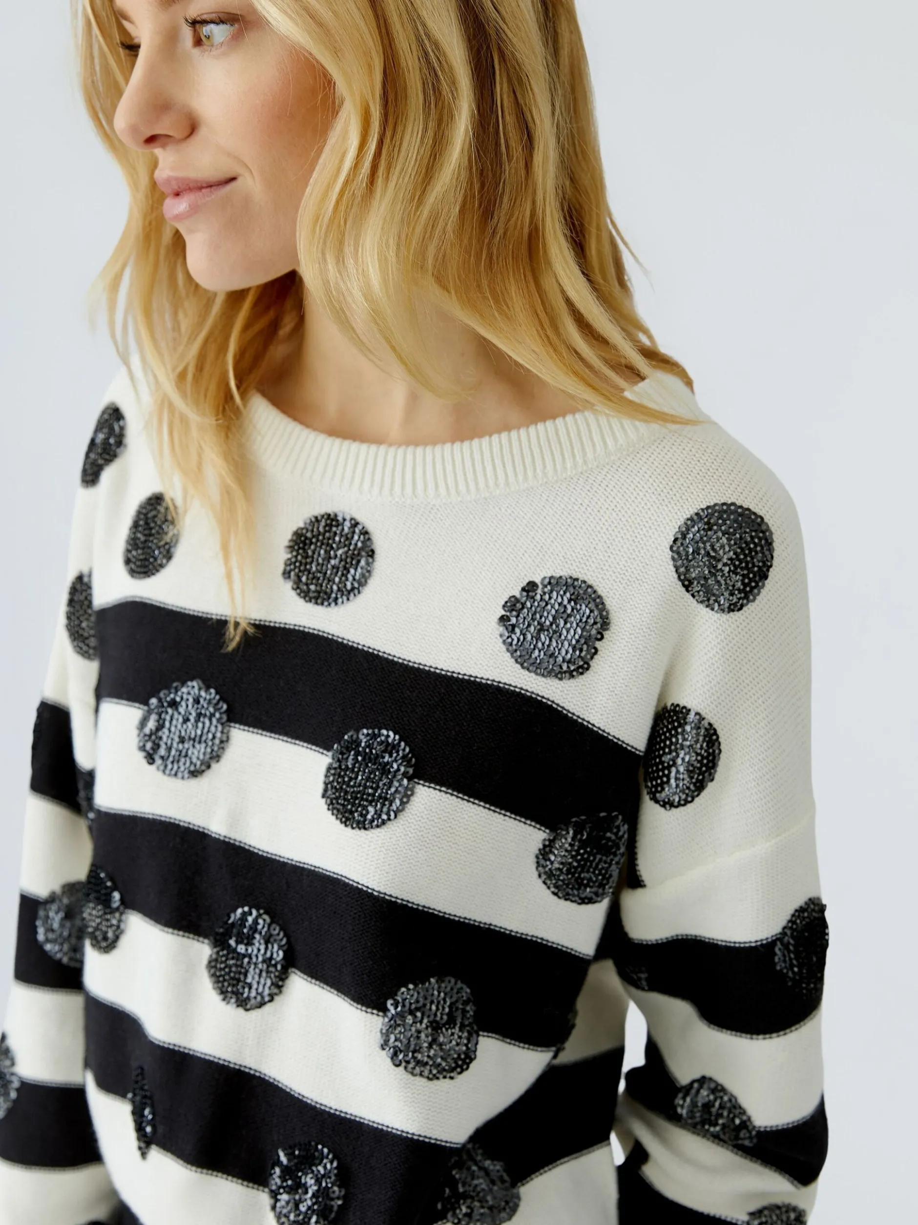 Oui Damen Pullover in weiß schwarz - Ärmel: langarm