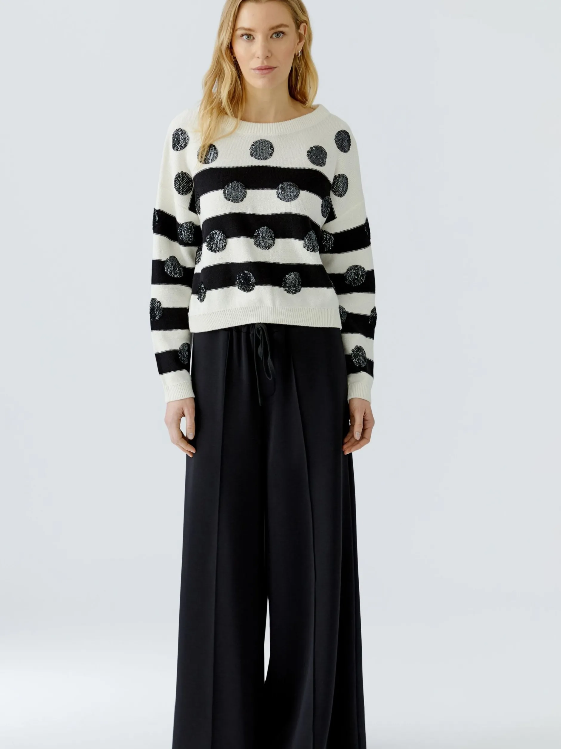 Oui Damen Pullover in weiß schwarz - Ärmel: langarm