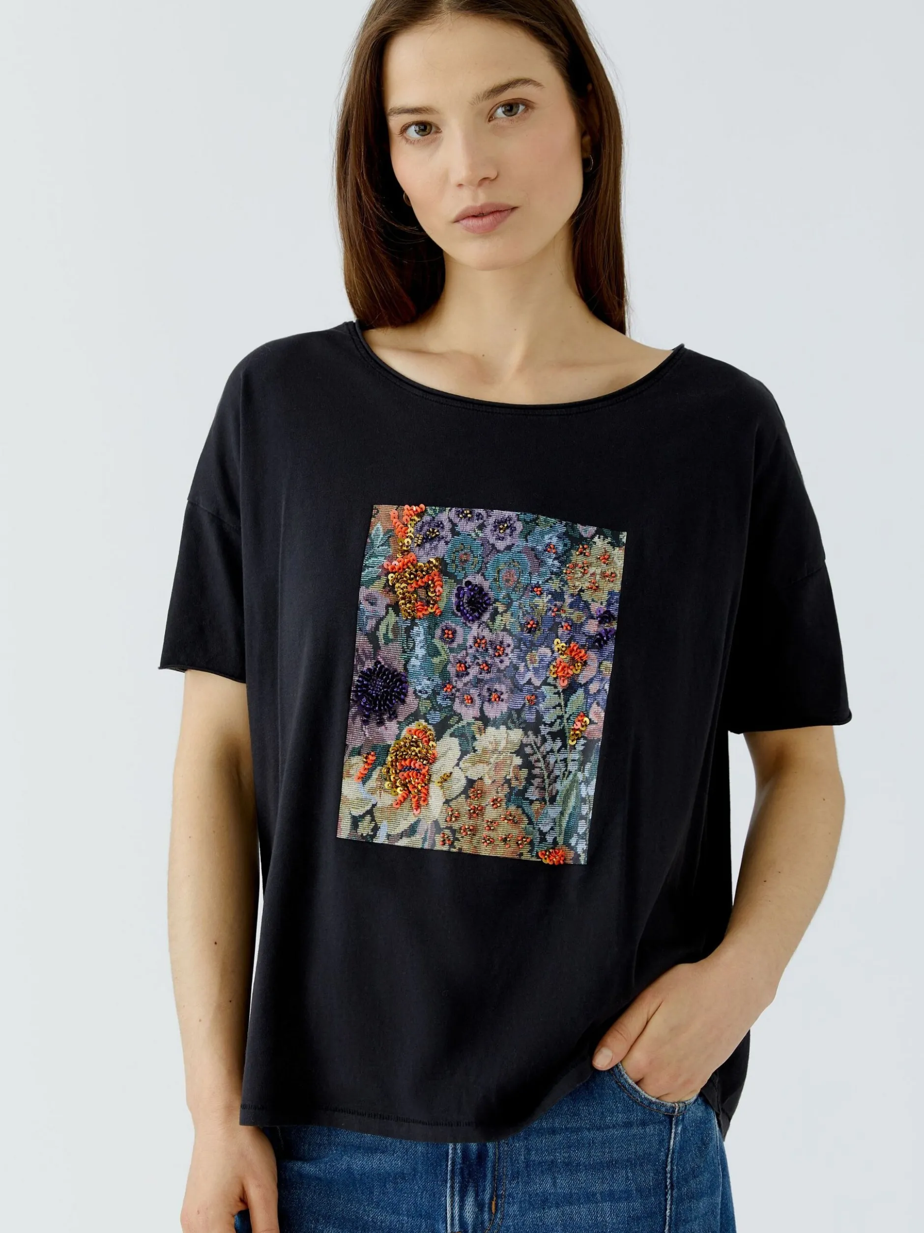 Oui Damen T-Shirt in schwarz - Ausschnitt: Rundhals