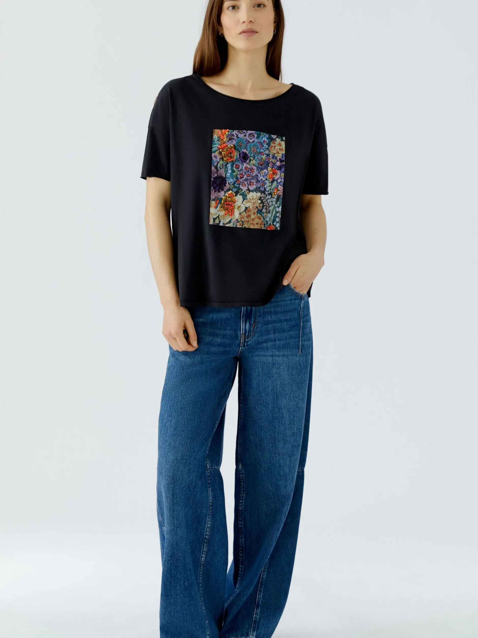 Oui Damen T-Shirt in schwarz - Ausschnitt: Rundhals