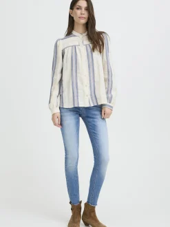 PULZ Jeans Damen Hemdbluse PZADOLA in ecru blau