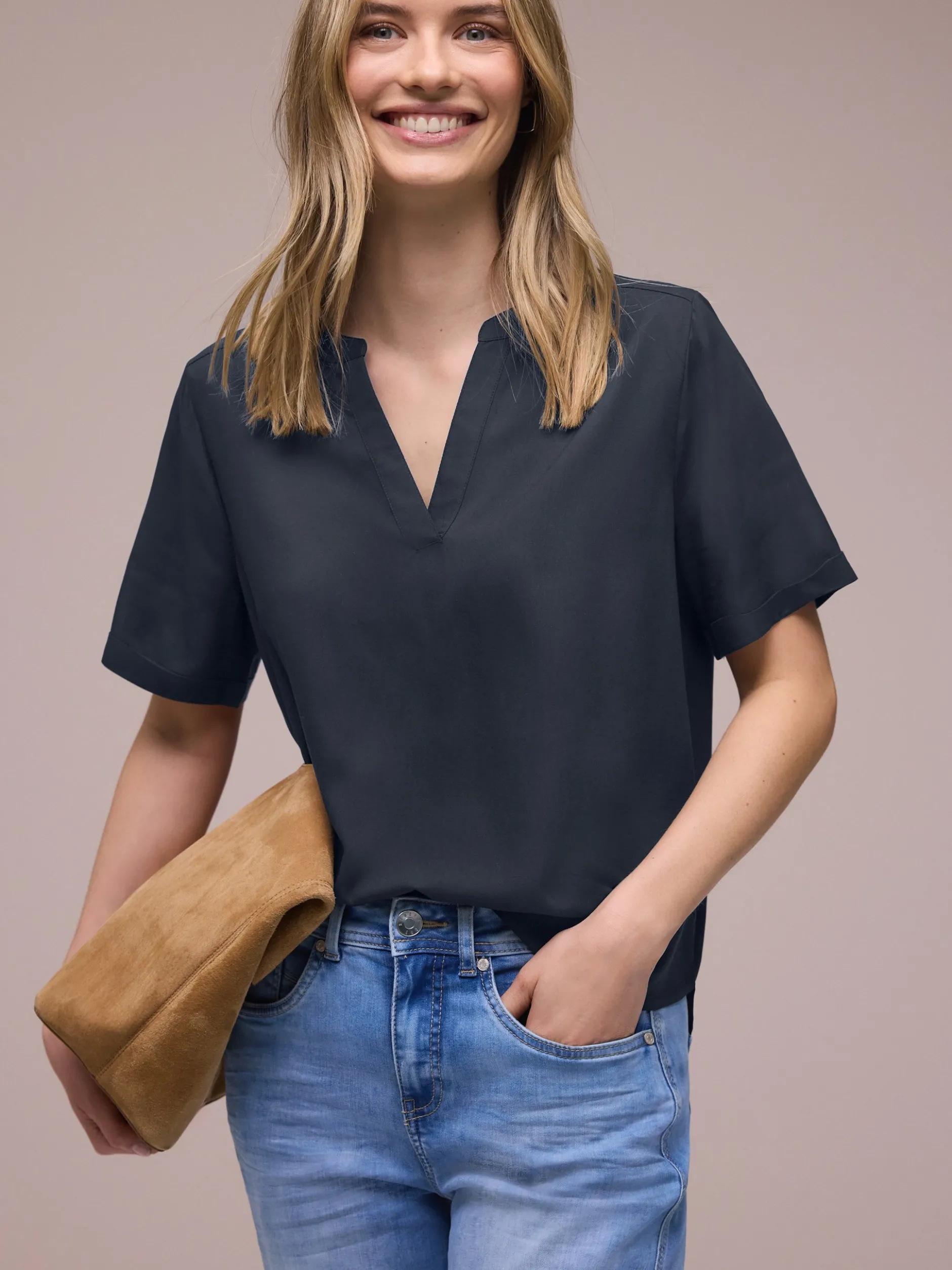 Street One Damen Blusenshirt in marine - Ärmel: kurzarm