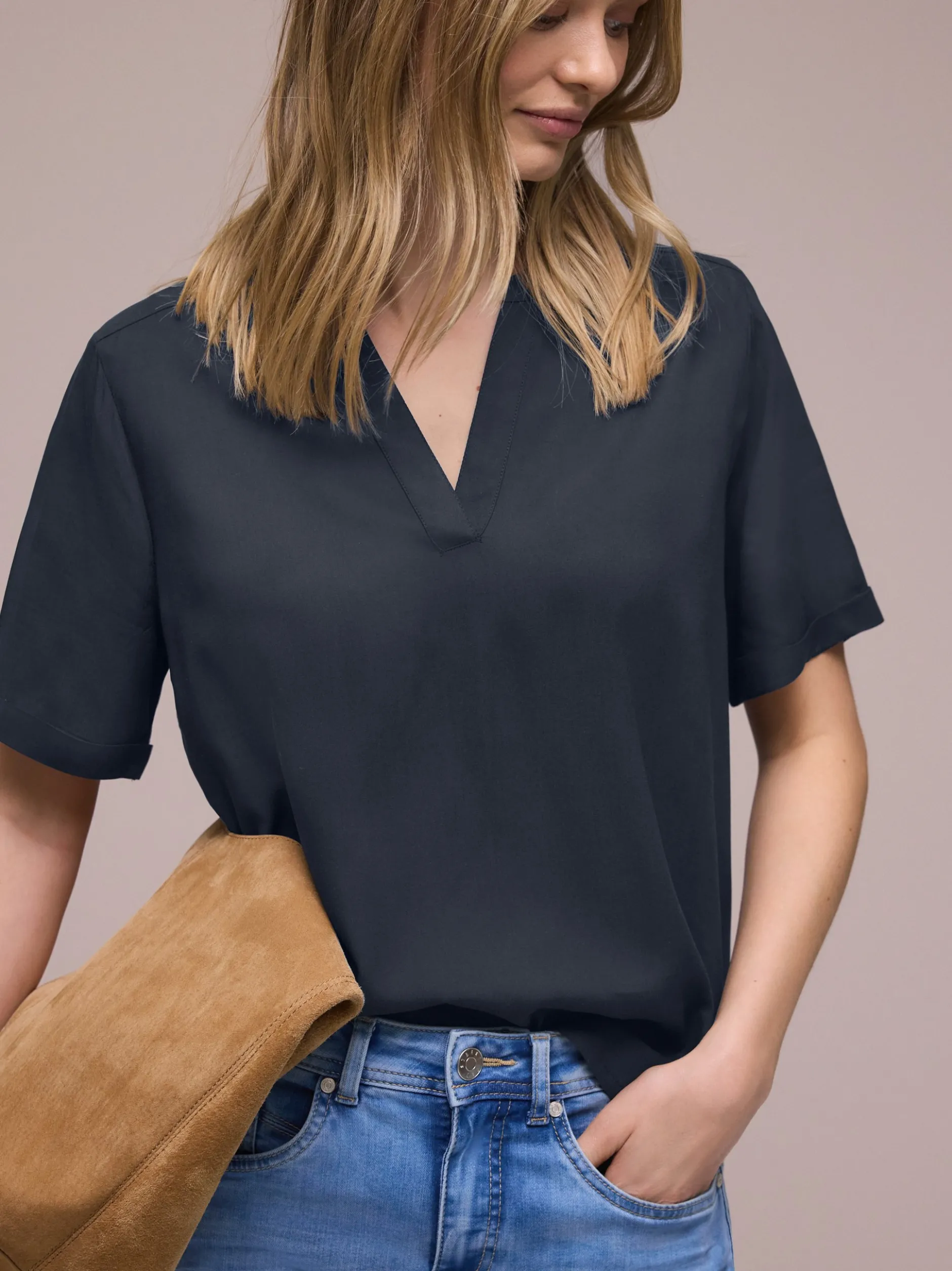 Street One Damen Blusenshirt in marine - Ärmel: kurzarm