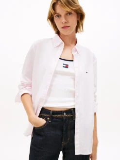 Tommy Jeans Damen Bluse in rosa weiß - Ärmel: langarm