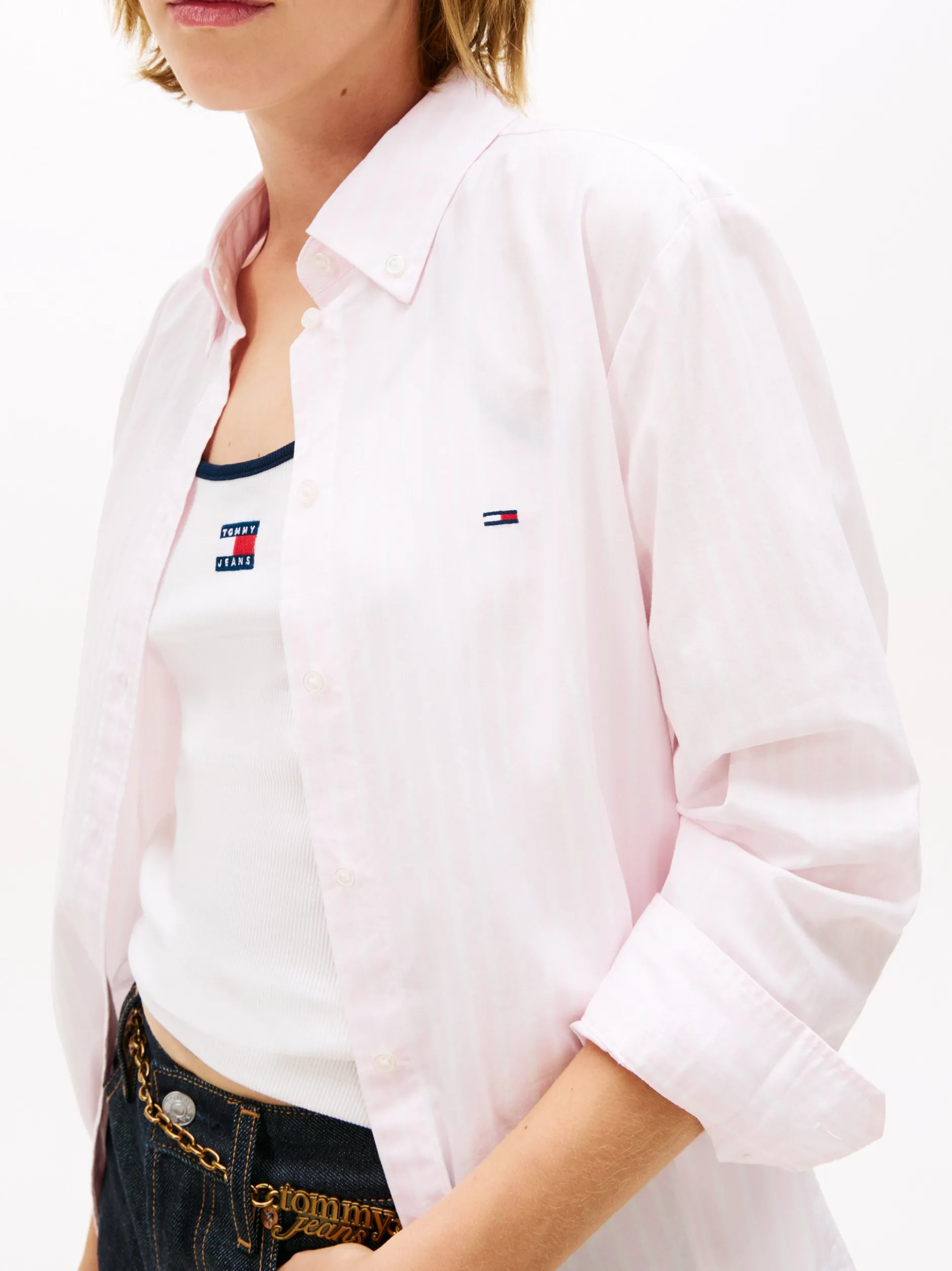 Tommy Jeans Damen Bluse in rosa weiß - Ärmel: langarm