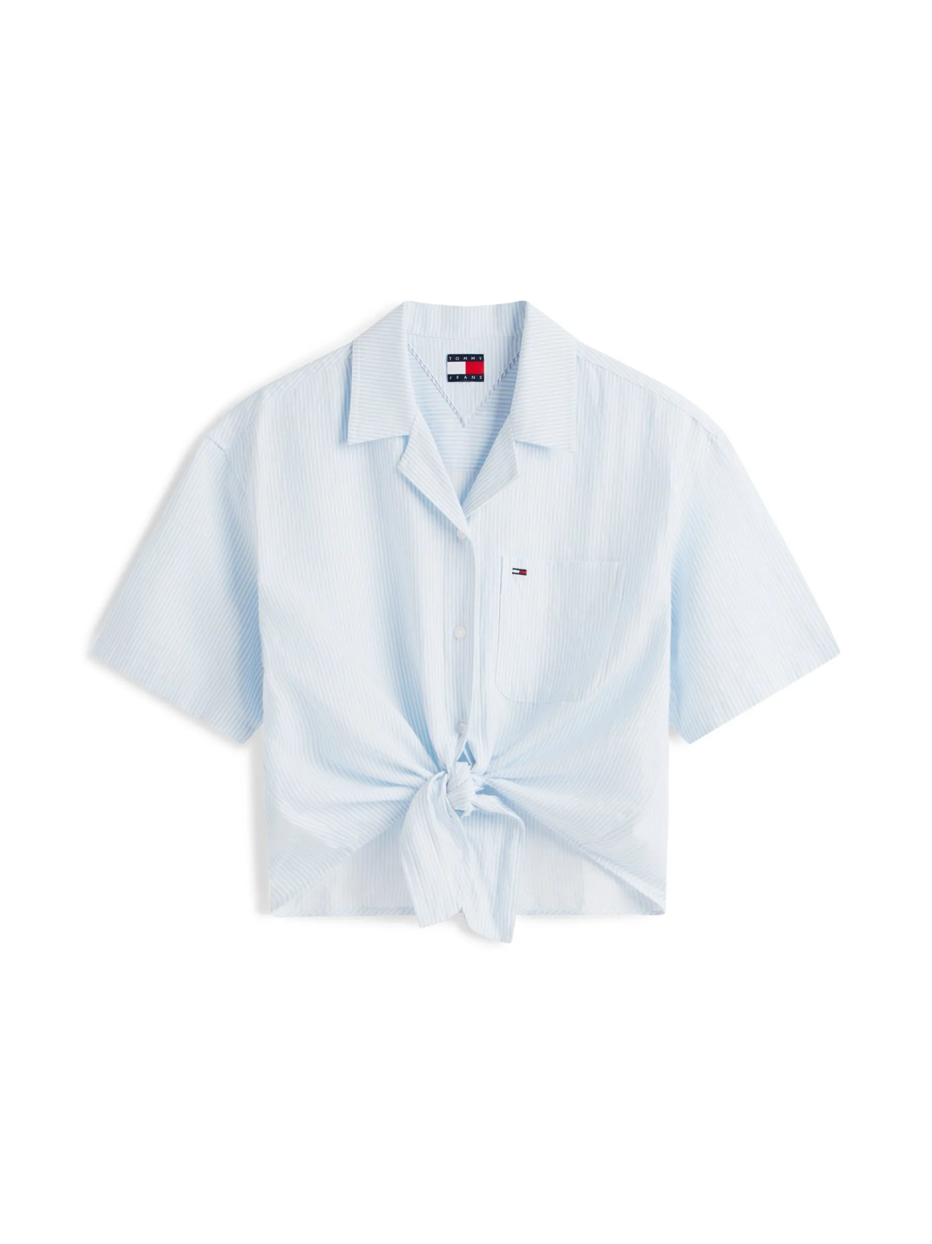 Tommy Jeans Damen Wickelbluse mit Leinenanteil in hellblau weiß