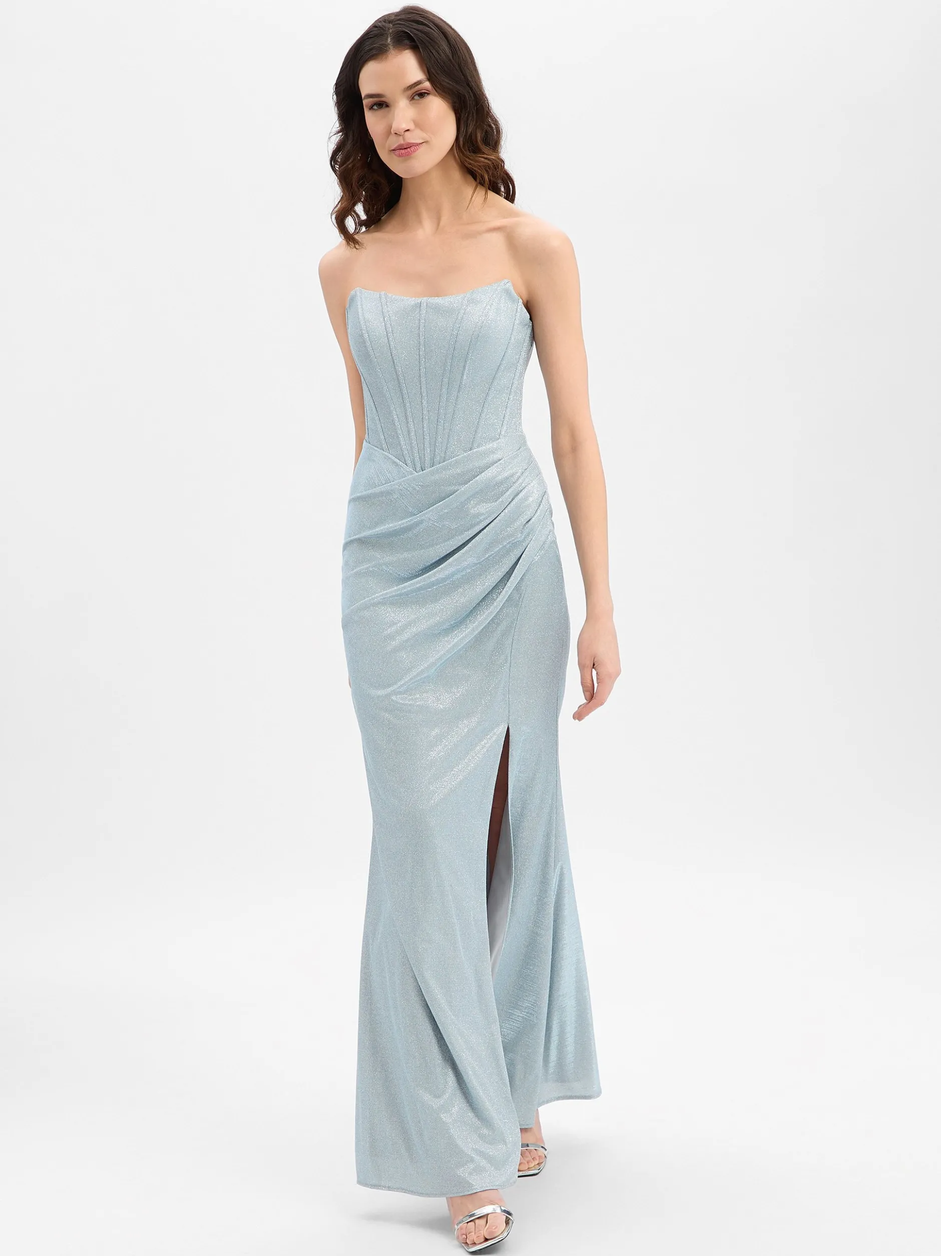 Unique Damen Abendkleid in hellblau silber - Länge: lang