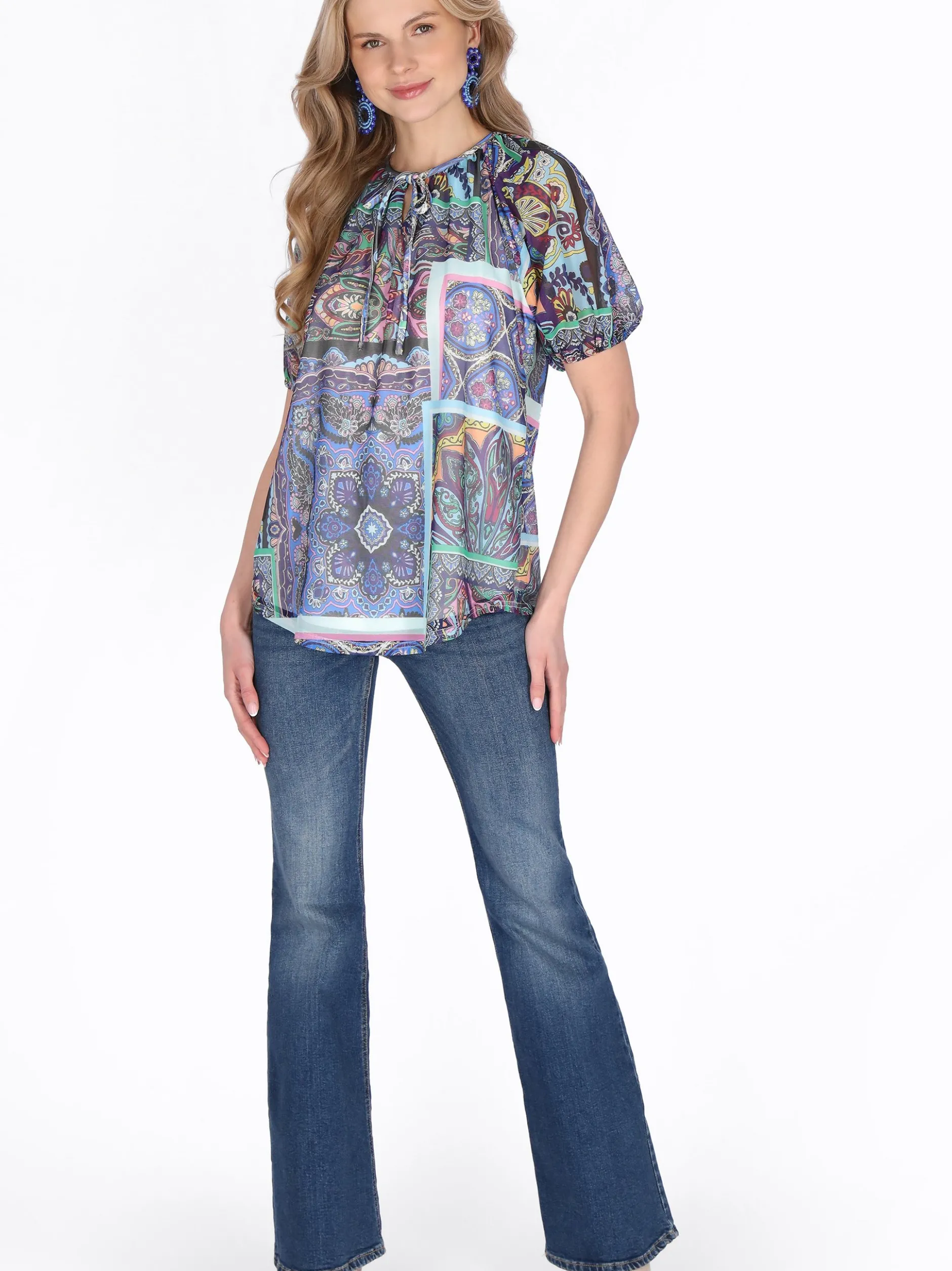 Usha Damen Bluse in blau - Ausschnitt: Rundhals