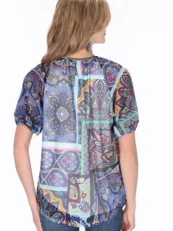Usha Damen Bluse in blau - Ausschnitt: Rundhals