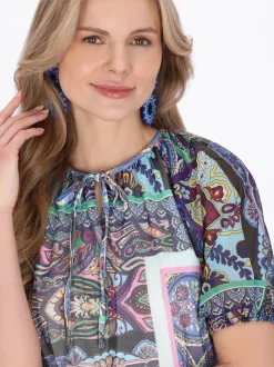 Usha Damen Bluse in blau - Ausschnitt: Rundhals