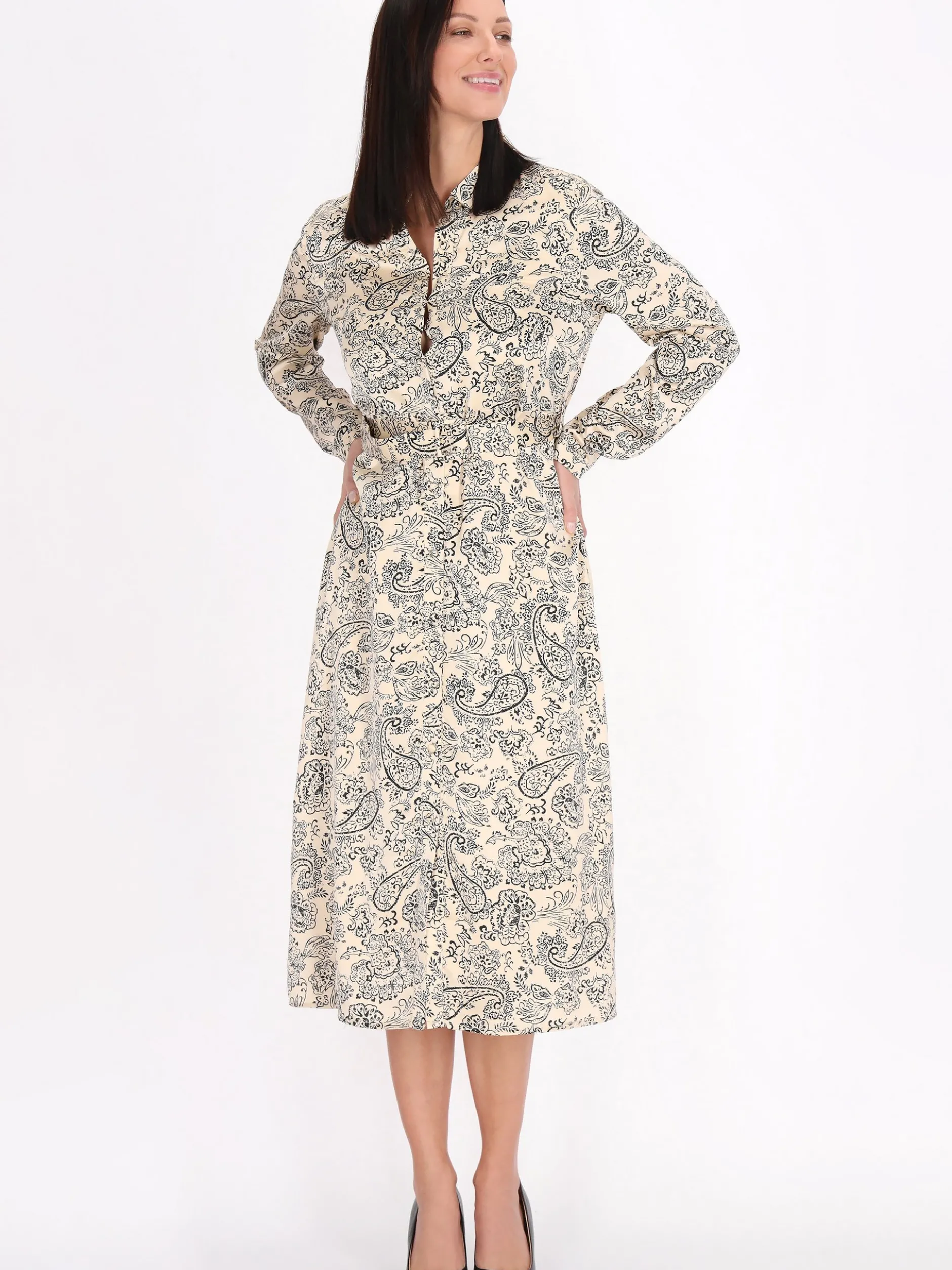 Usha Damen Kleid in beige schwarz - Länge: mittel