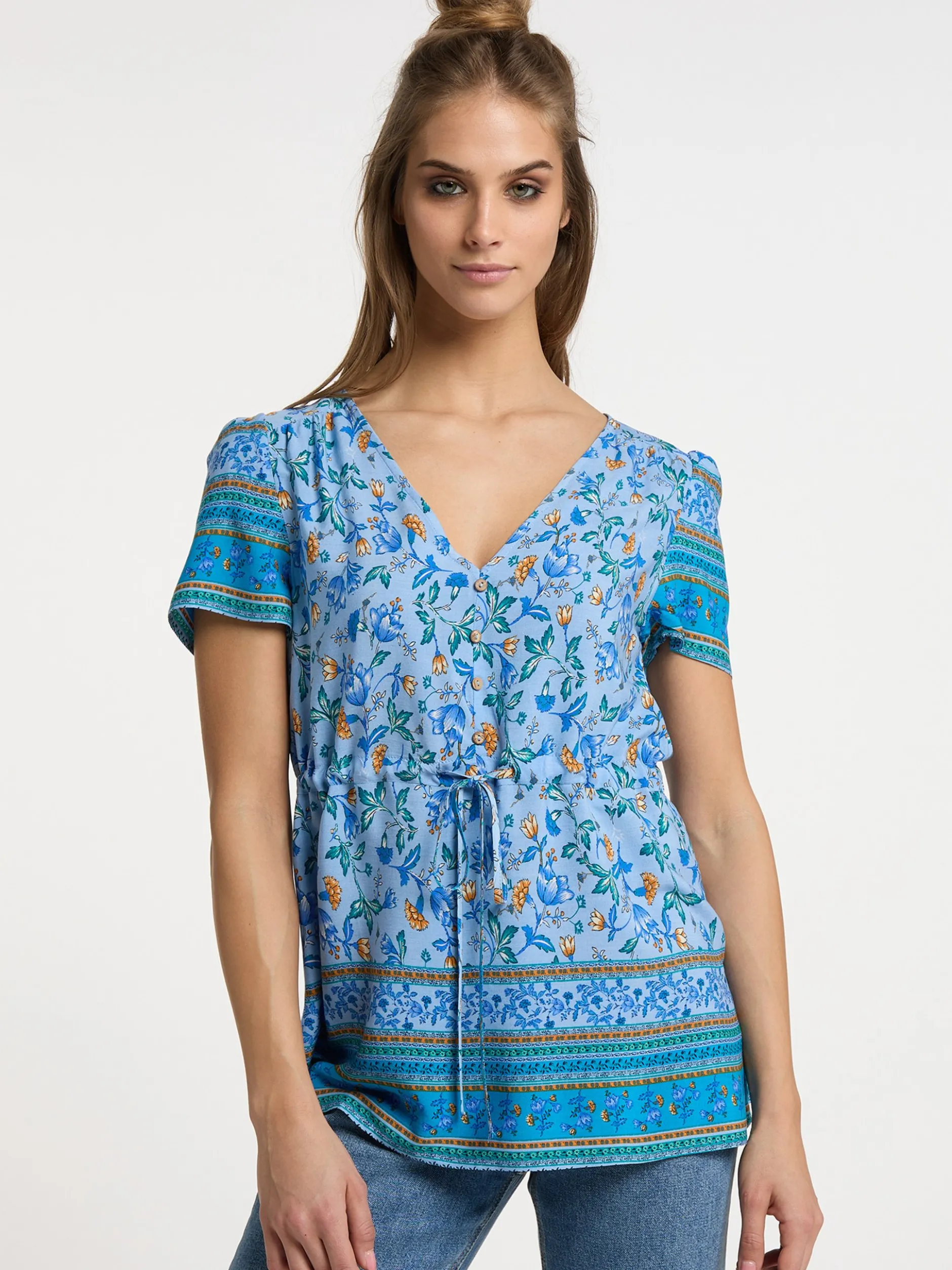 Usha Damen kurzarmbluse in hellblau