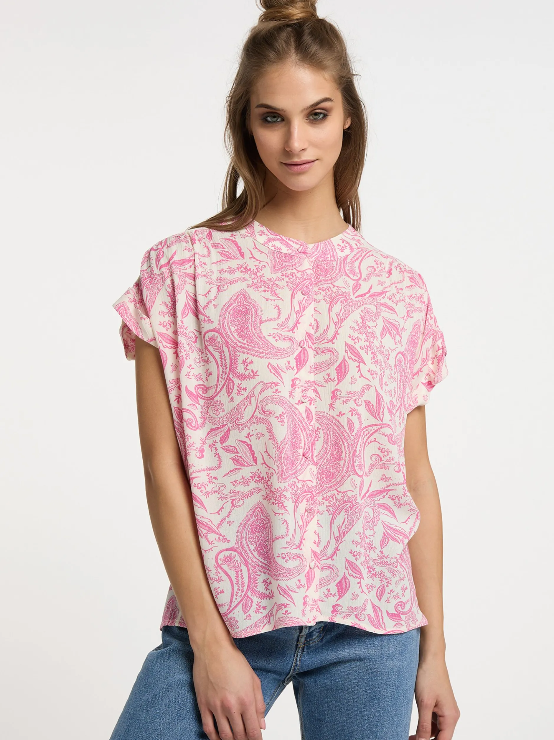 Usha Damen kurzarmbluse in pink - Ausschnitt: Rundhals