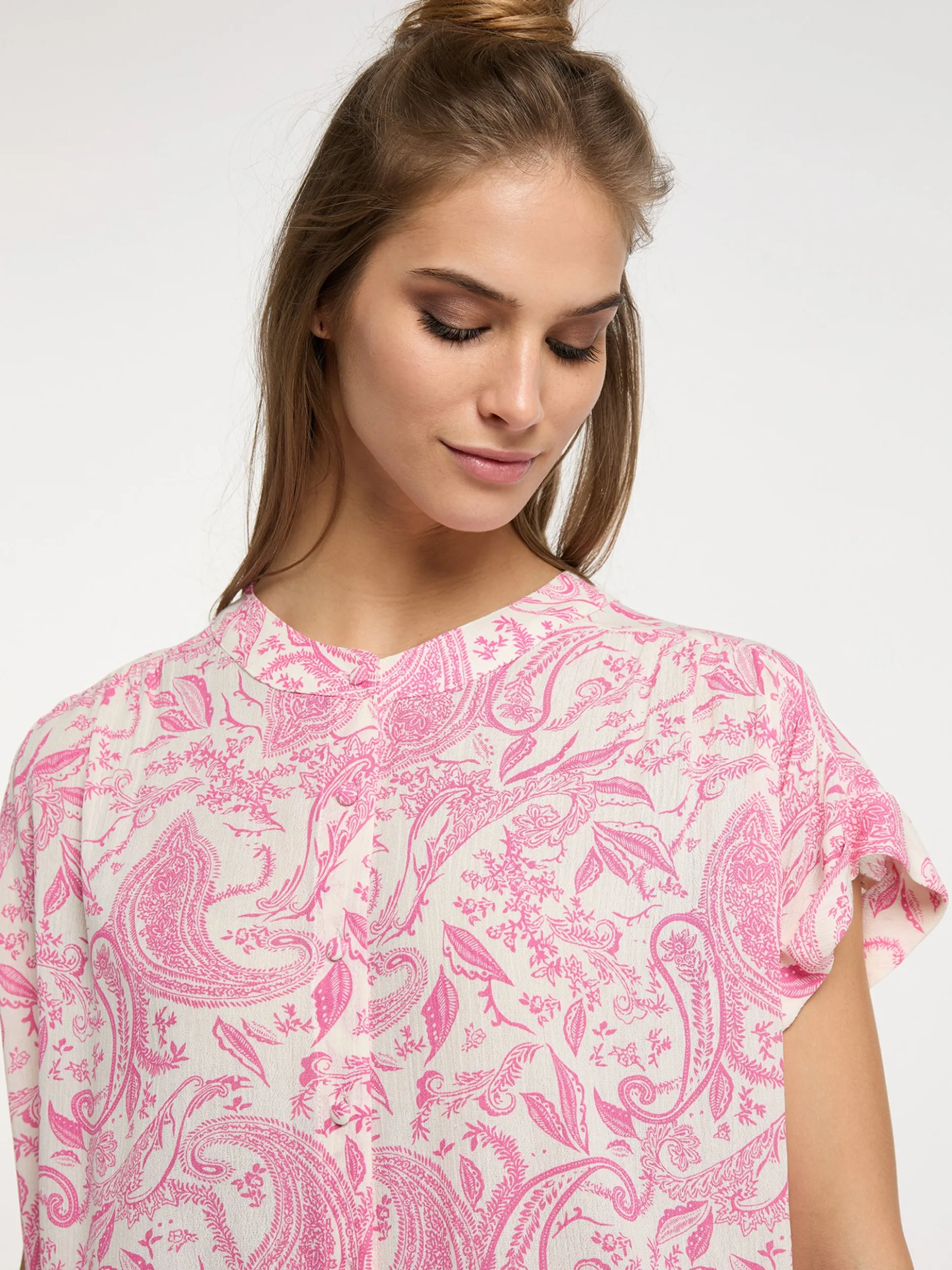Usha Damen kurzarmbluse in pink - Ausschnitt: Rundhals