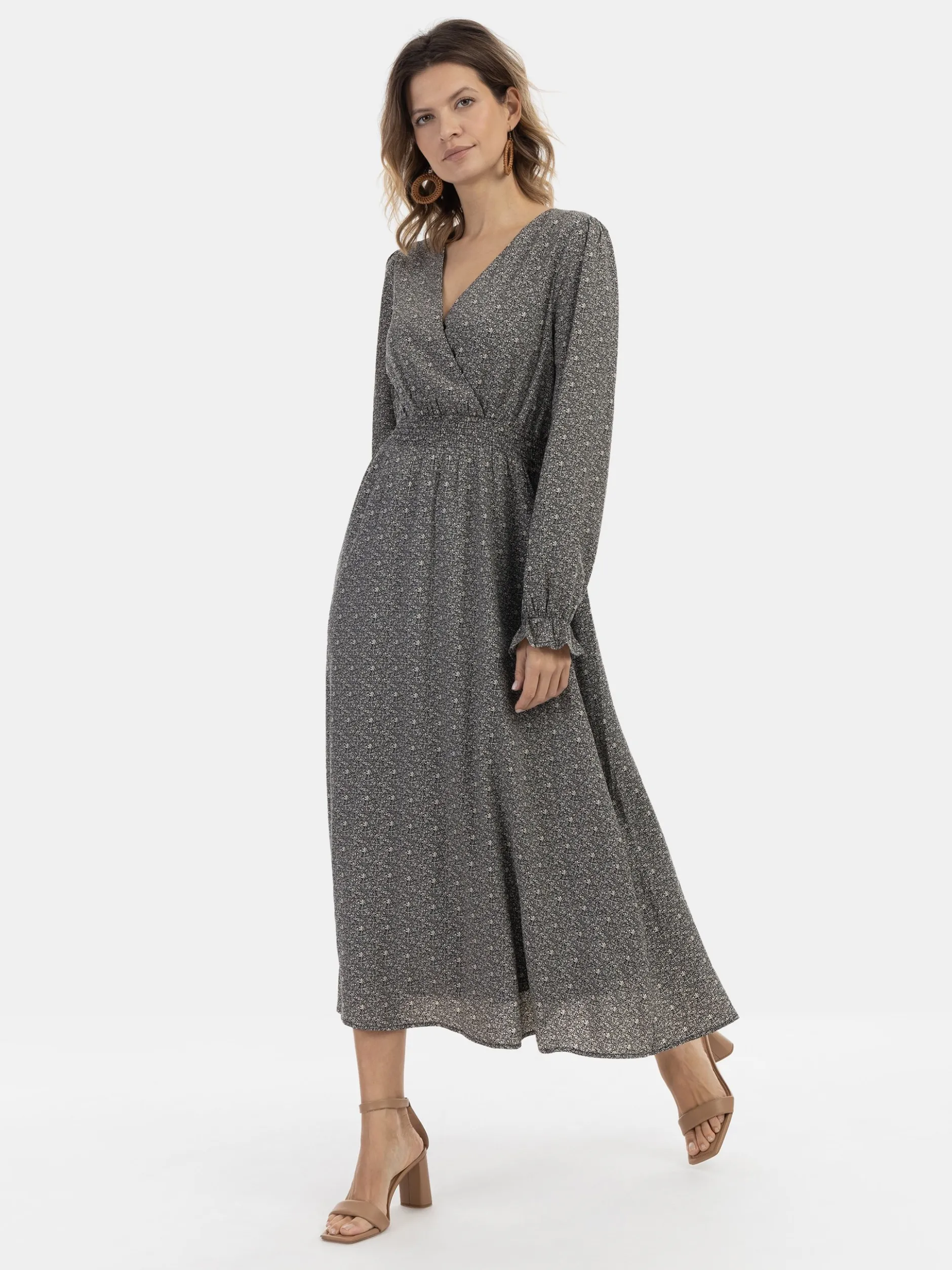 Usha Damen Maxikleid mit Allover-Print in schwarz
