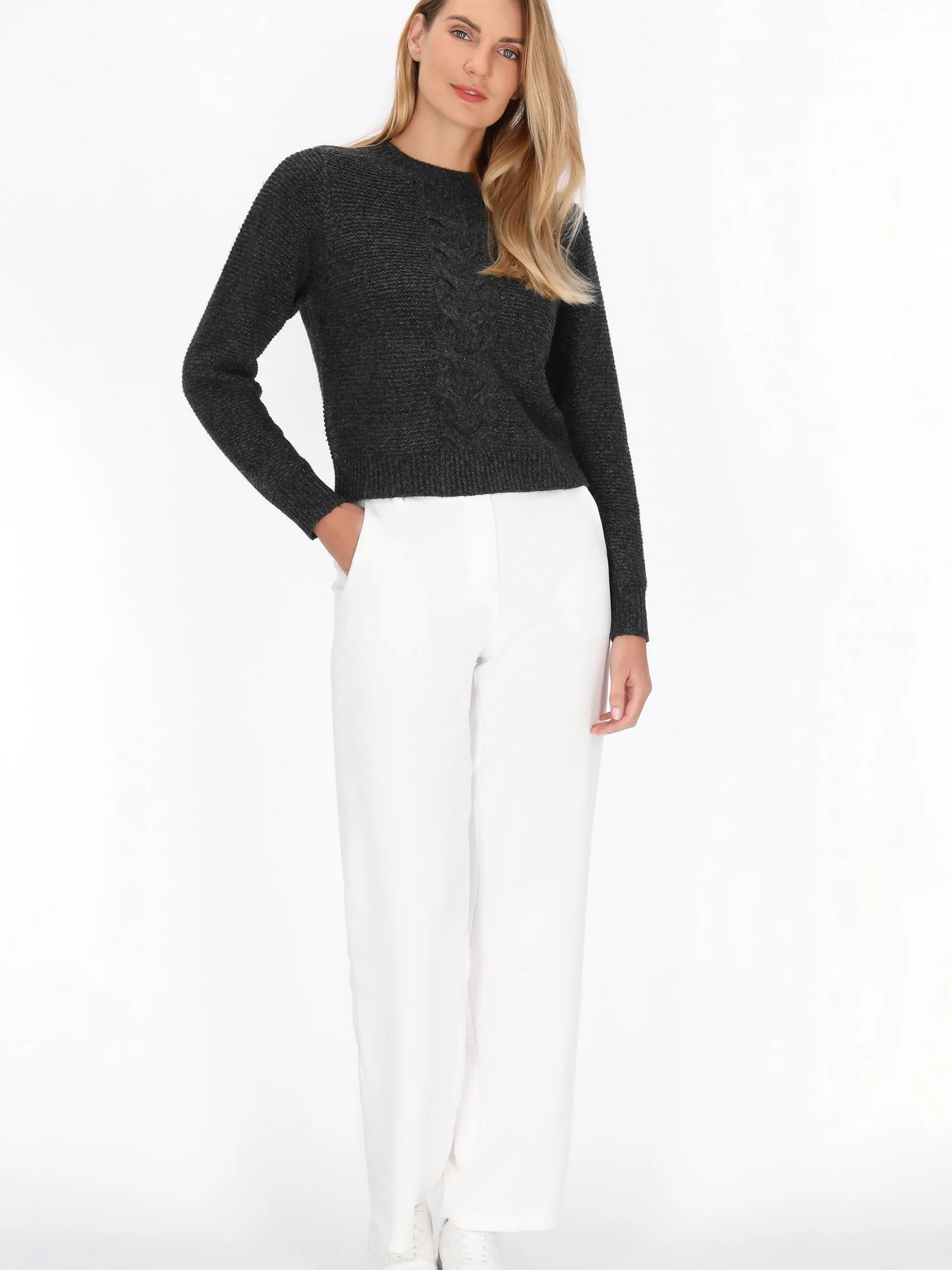 Usha Damen Pullover in anthrazit - Ausschnitt: Rundhals