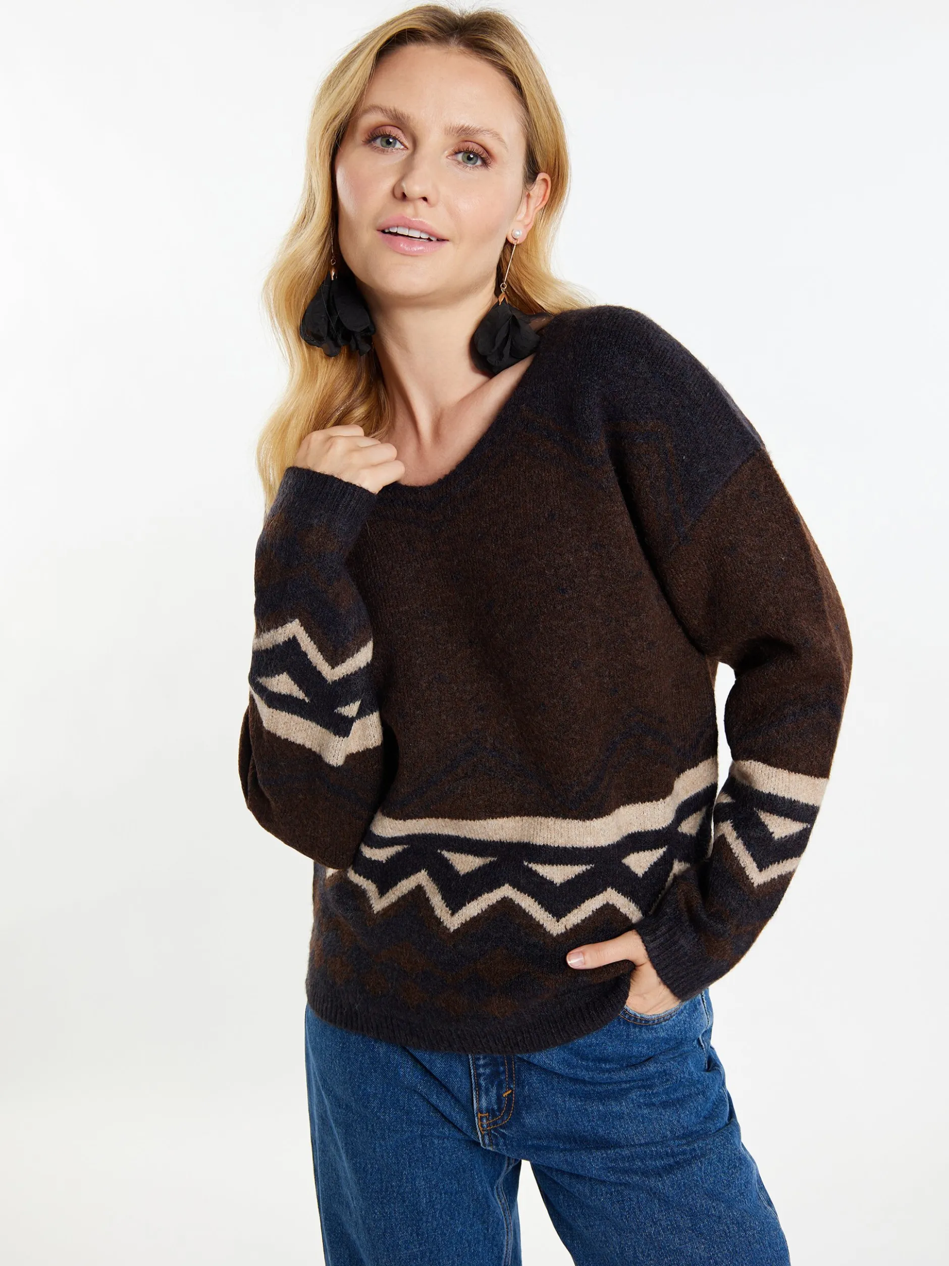 Usha Damen Pullover in braun - Ausschnitt: V-Ausschnitt