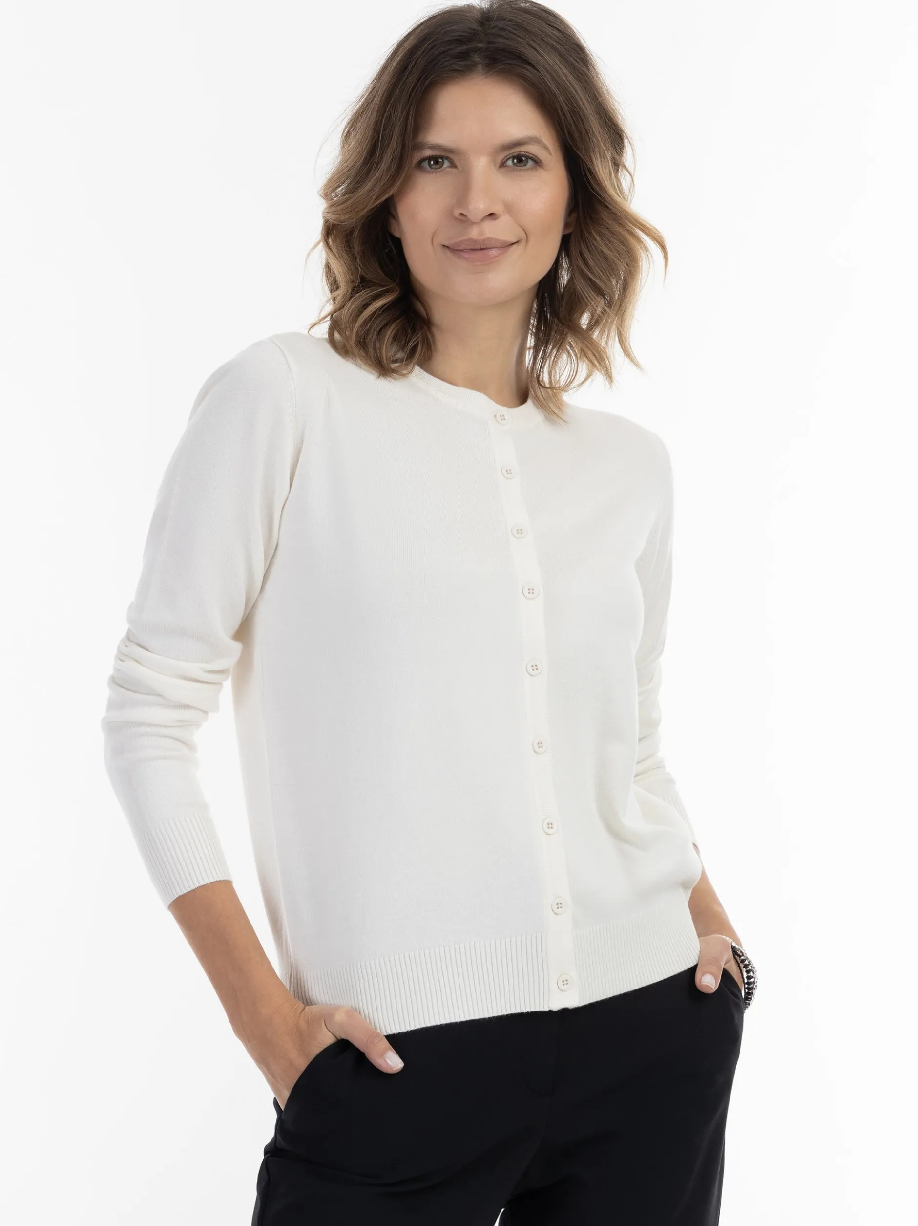 Usha Damen Strickjacke in weiß - Ausschnitt: Rundhals