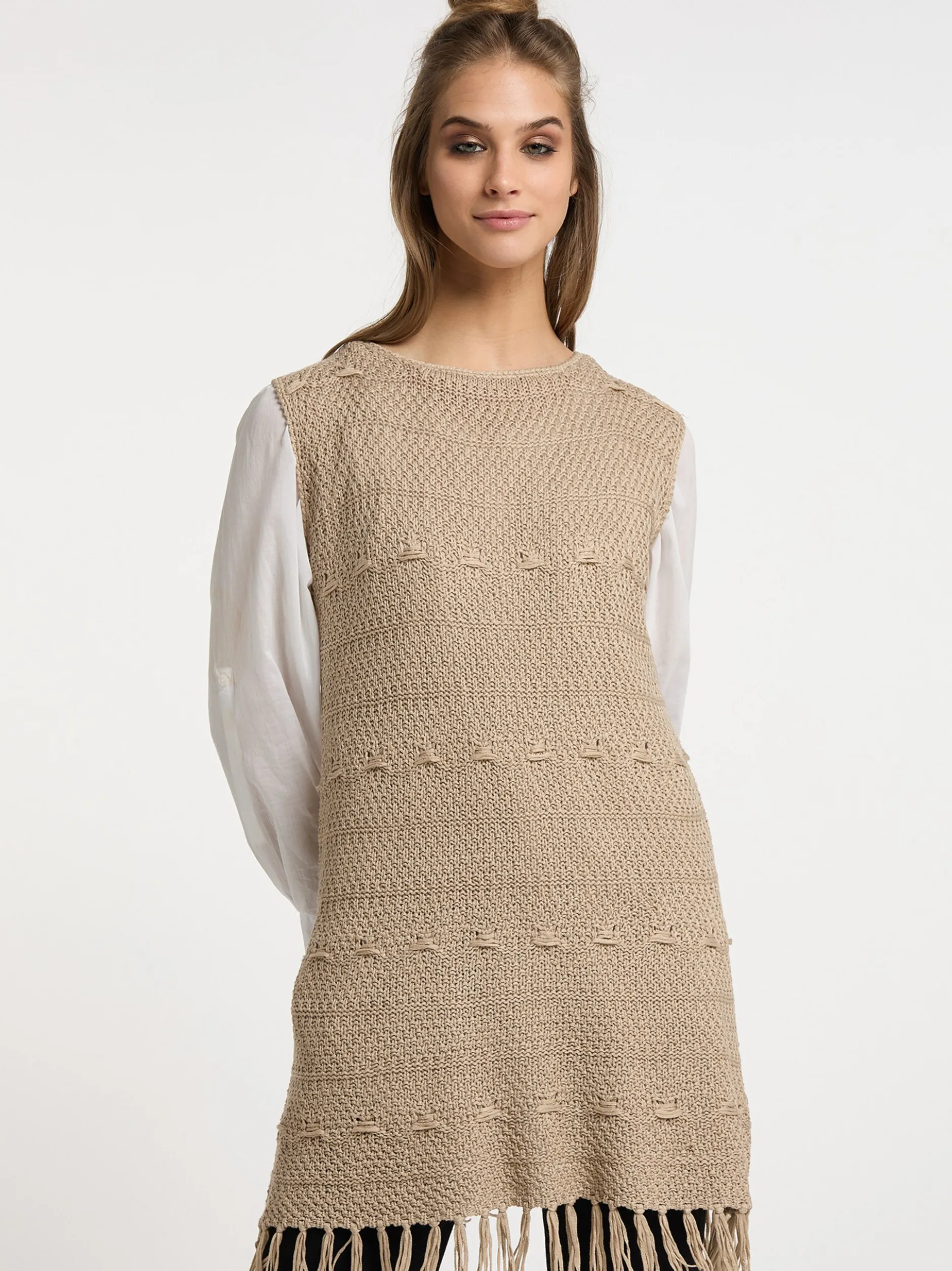 Usha Damen Strickkleid in beige - Ausschnitt: Rundhals