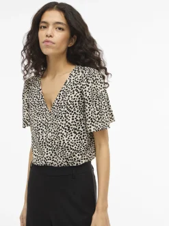 Vila Damen Kurzarmbluse - VIGrace in beige schwarz